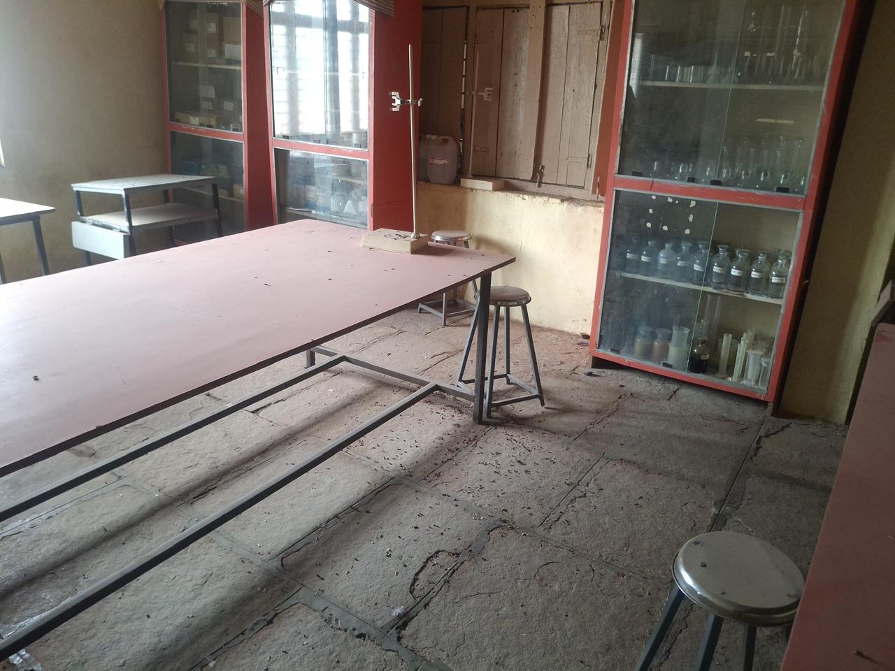 Chemistry laboratory with glassware cabinets